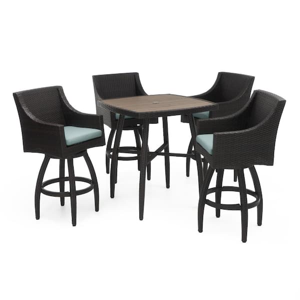RST BRANDS Deco 5-Piece Wicker Square Outdoor Bar Height Dining Set with Sunbrella Bliss Blue Cushions