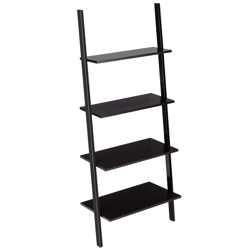 Industrial Ladder Shelf 4-Tier Black Wood Leaning Wall Bookcase Plant Stand Rustic