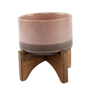 5.1 in. Pink and Mauve Ceramic Lava Pot on Wood Stand Mid-Century Planter