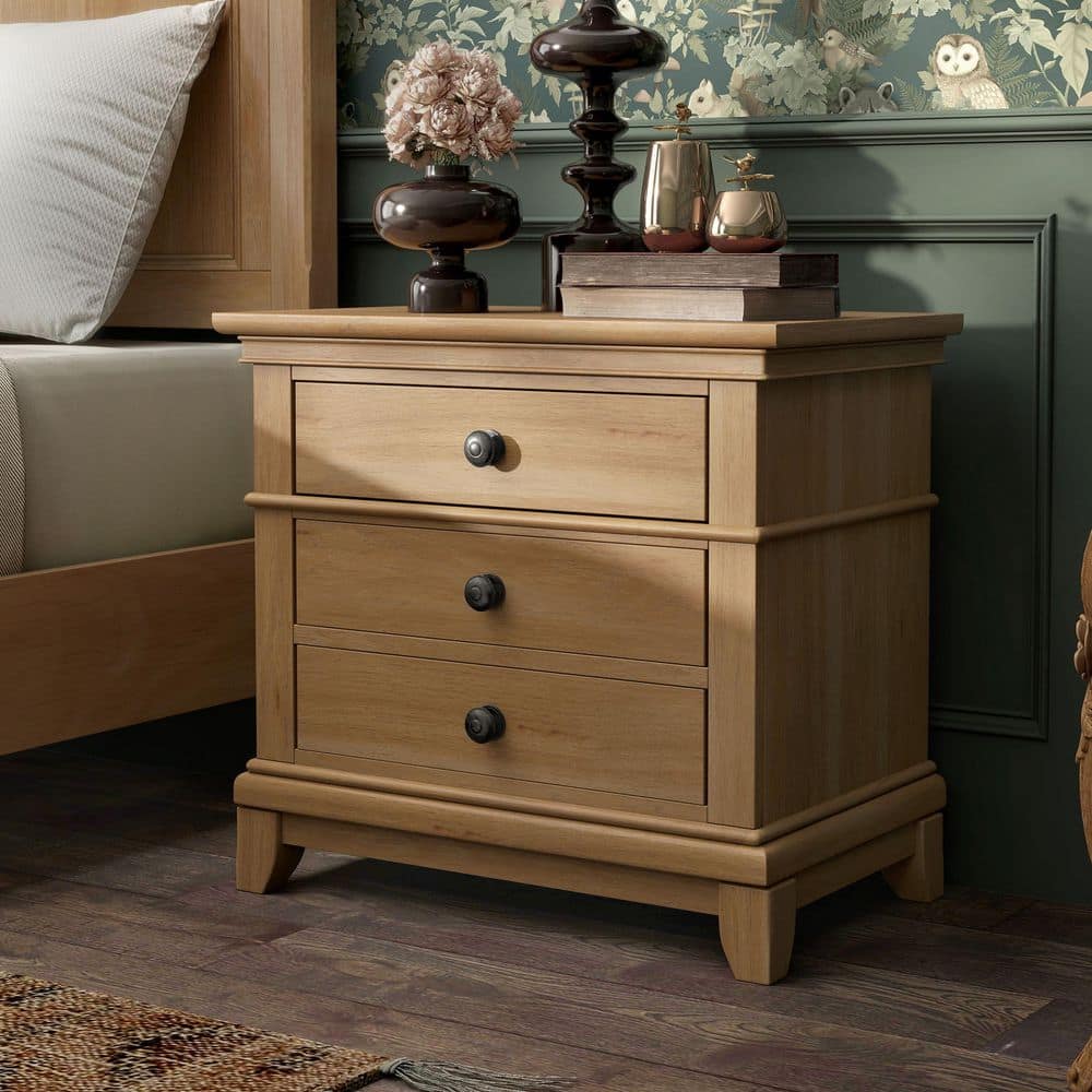 Natural Oak 2-Drawer Solid Wood Nightstand with Metal Knobs
