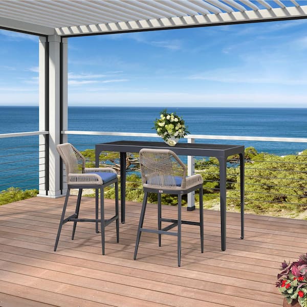 PURPLE LEAF Modern Aluminum Rectangle Bar Height Top Table and Wicker Outdoor Bar Stool Set with Navy Blue Cushions, (3-Pack)