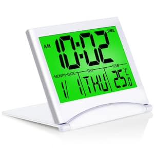 Silver Digital Travel Alarm Clock With Backlight Foldable Calendar and Temperature and Timer LCD Clock Battery Operated