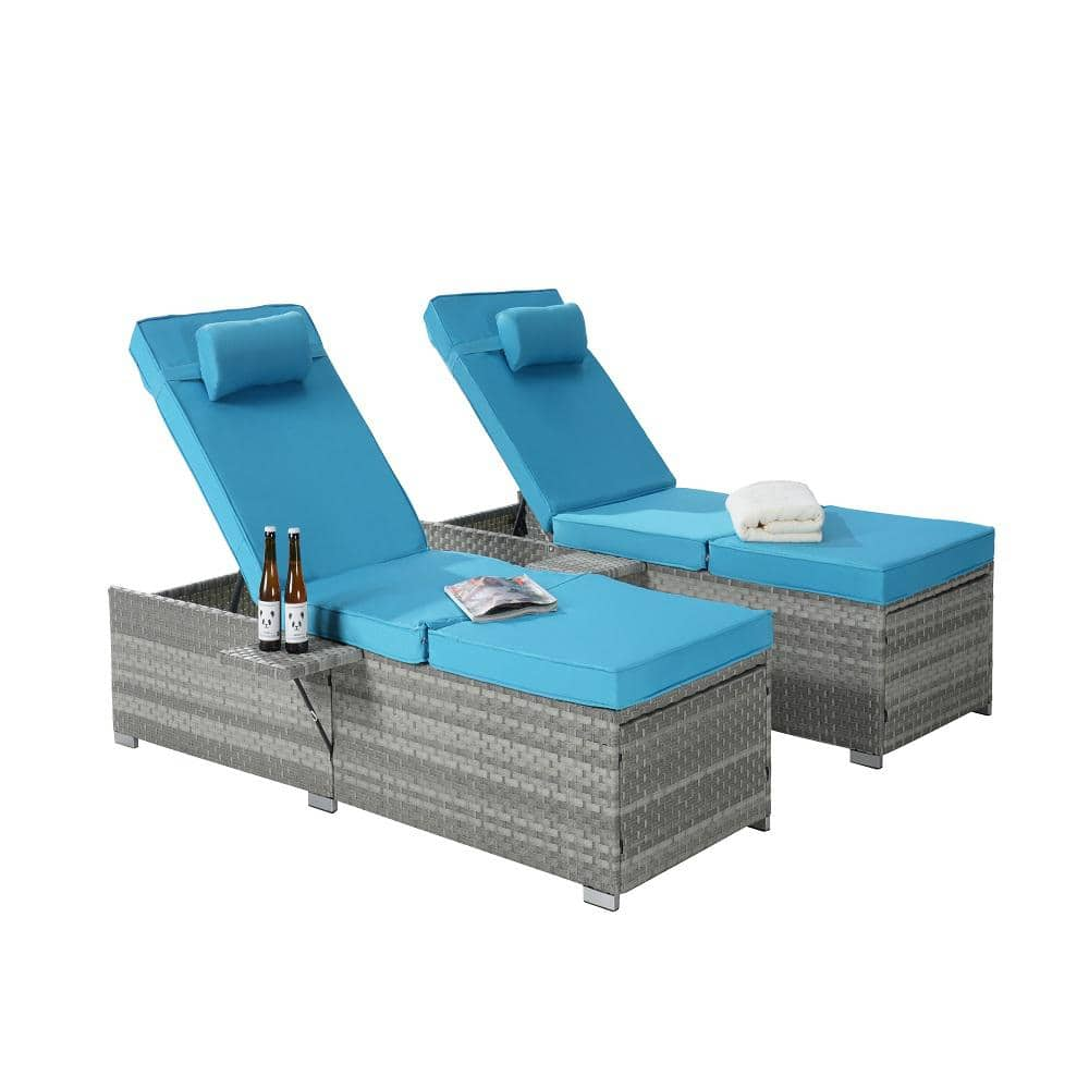 Itopfox Outdoor Gray Adjustable Pe Rattan Wicker Outdoor Lounge Chair With Blue Cushions Pack