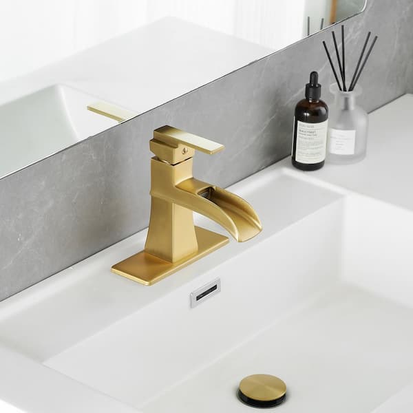 Single Handle Single Hole Bathroom Faucet with Deck Plate Included, Pop Up Drain and Water Supply Hoses in Brushed Gold