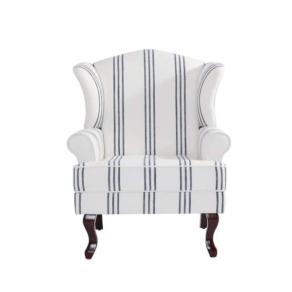 Mid-Century Retro Style Stripe Navy Linen Upholstered Wingback Arm Chair with Wooden Legs (Set of 1)