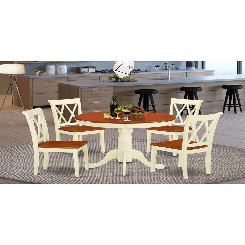 Buttermilk and Cherry Round Dining Table Set with X-Back Chairs