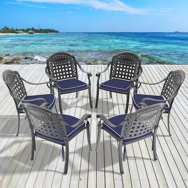 Black Cast Aluminum Patio Dining Chair With Blue Cushions (6-Pack)