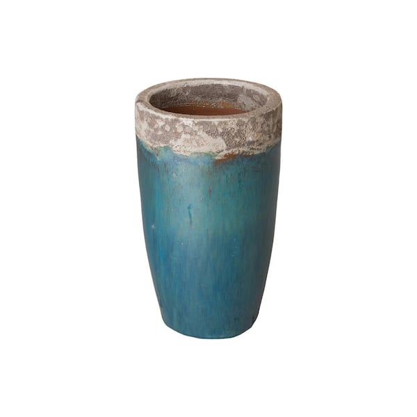 Tall 13 in. D x 23 in. H Reef/Teal Ceramic Round Planter with Drainage Hole