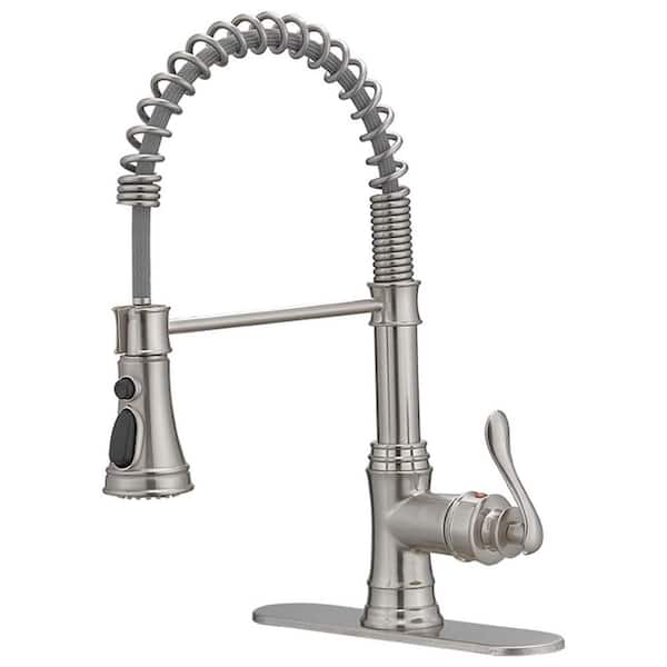 PERLIRIA INC Commercial Spring Single Handle Pull-Down Sprayer Kitchen Faucet with Shield Spray and Deck Plate in Brushed Nickel