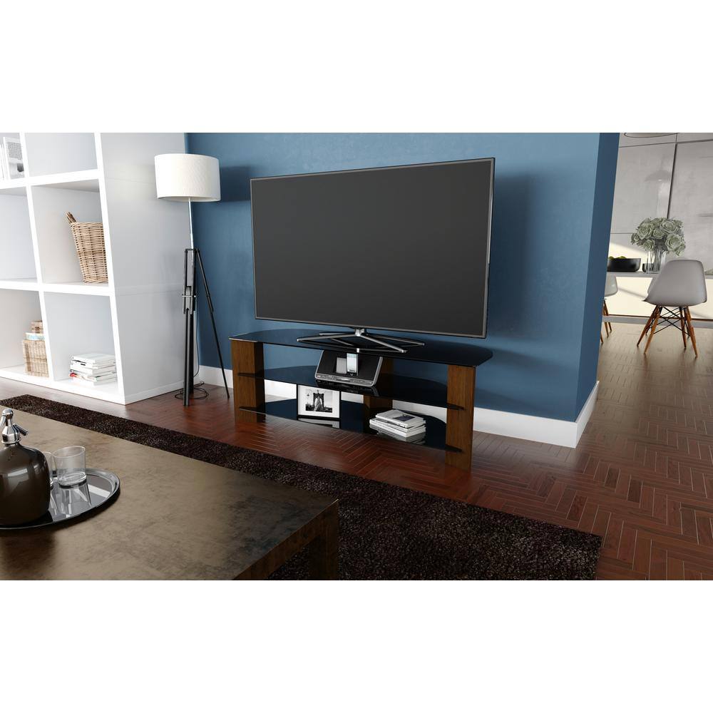 Walnut and Black Glass Corner TV Stand for 65" TVs
