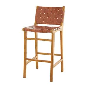 26 in. Brown Teak Wood Woven Leather Seat and Back Bar Stool with Beam Footrest