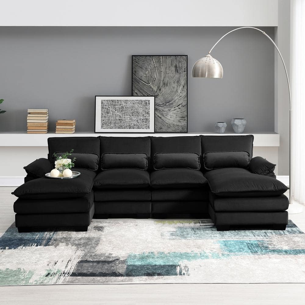 109.8 in. Modern 6-Seat Velvet U-Shaped Sectional Sofa in Black with Waist Pillows -  Clihome, CL-GT8004B