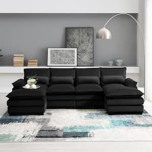 109.8 in. Modern 6-Seat Velvet U-Shaped Sectional Sofa in Black with Waist Pillows