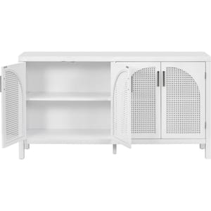 2-Shelf White Wood Pantry Organizer with Artificial Rattan Door and Metal Handles for Kitchen and Living Room