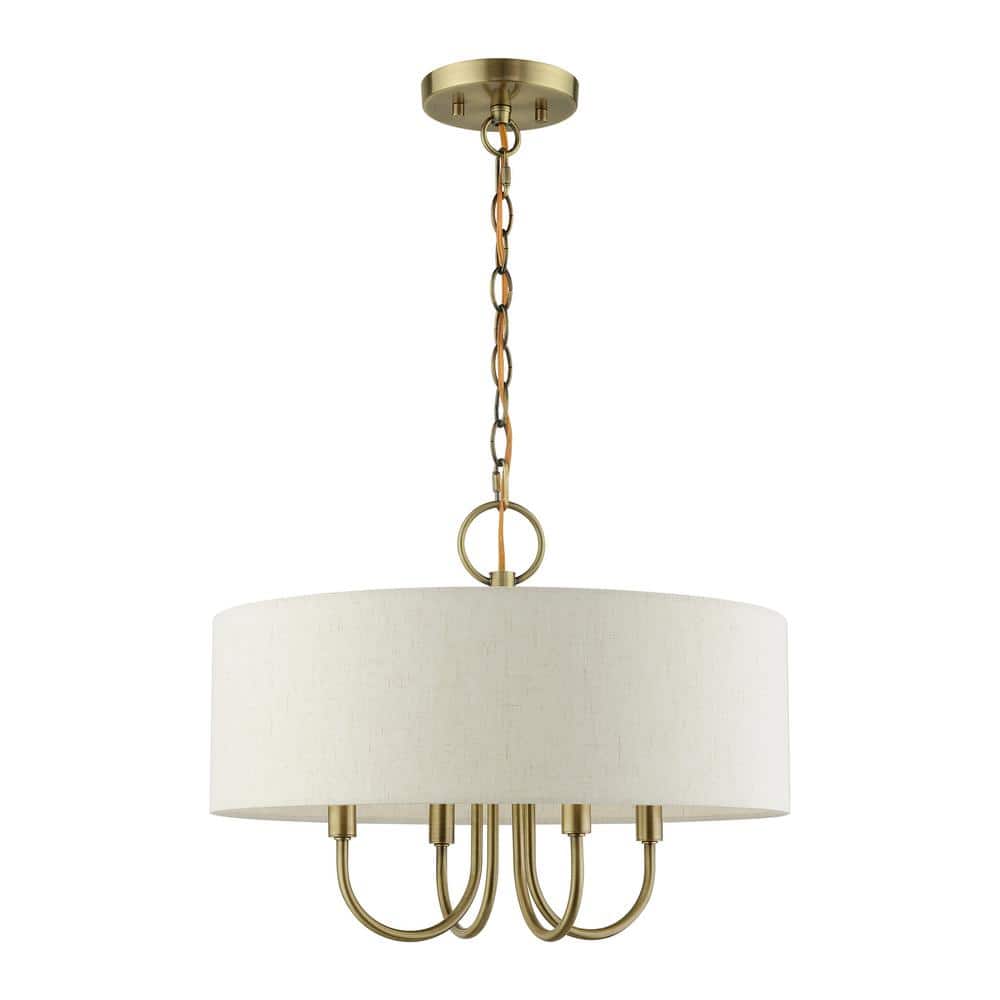 Elegant Antique Brass Drum Pendant Chandelier with Oatmeal Shade