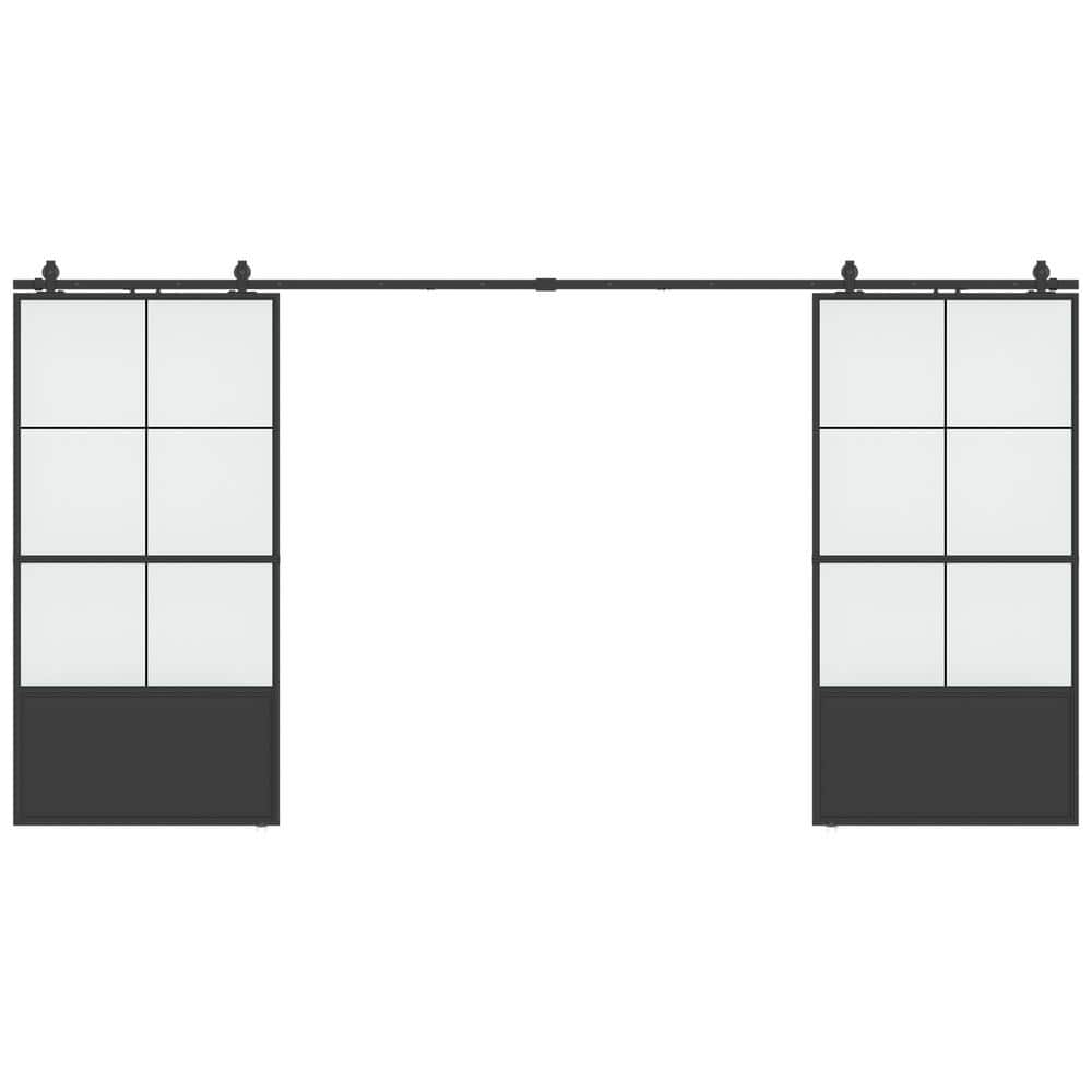 84 in. x 84 in. 3/4-Lite Frosted Glass Black Steel Frame Double Sliding Bar