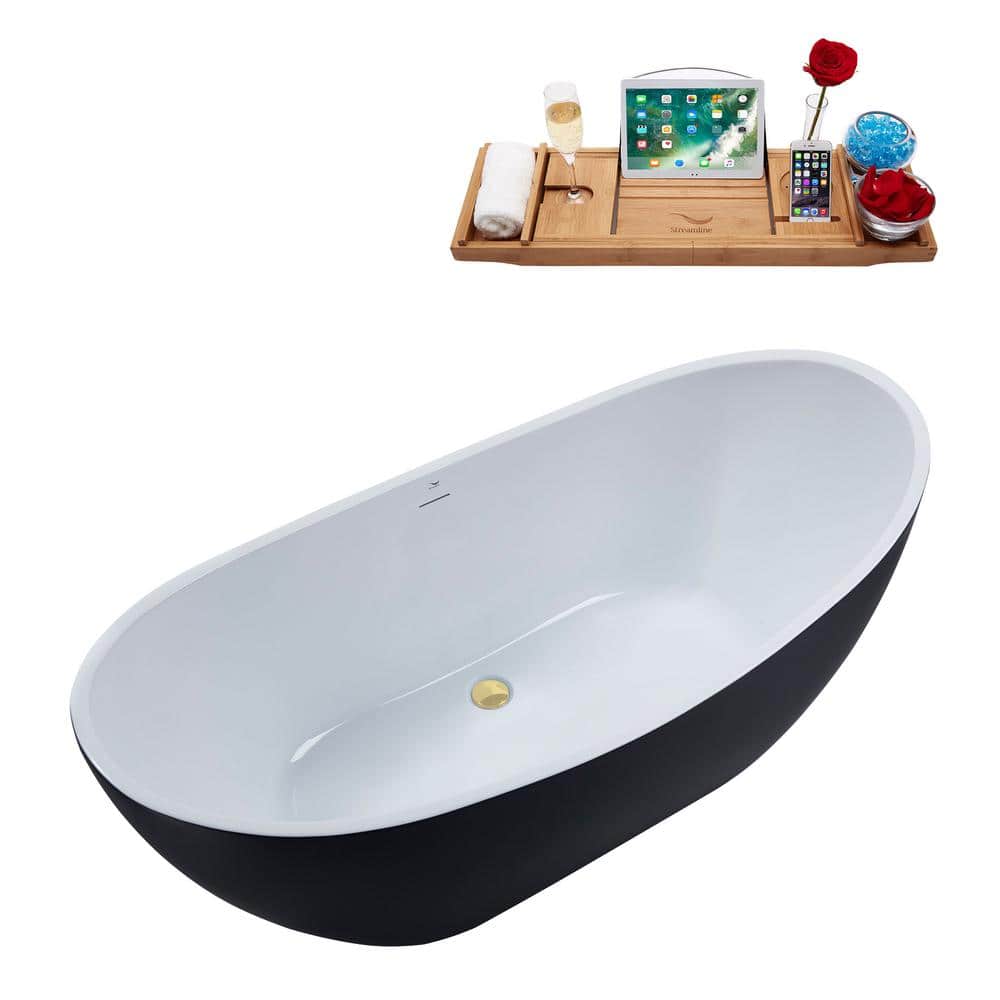 62'' Matte Black Acrylic Freestanding Soaking Bathtub with Polished Brass Trim