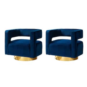Gustaf Contemporary Navy Velvet Comfy Swivel Barrel Chair with Open Back and Metal Base (Set of 2)