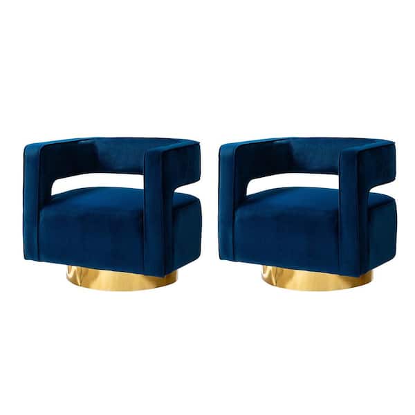 JAYDEN CREATION Gustaf Contemporary Navy Velvet Comfy Swivel Barrel Chair with Open Back and Metal Base (Set of 2)