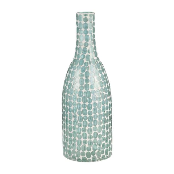 15 in. Blue Glass Cylinder Mosaic Decorative Vase with Narrow Neck