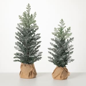 25 in. and 20.5 in. Snowy Pine Tree In Burlap - Set of 2, green