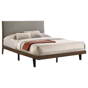 Mays Walnut Brown and Gray Upholstered Wood Frame Queen Platform Bed