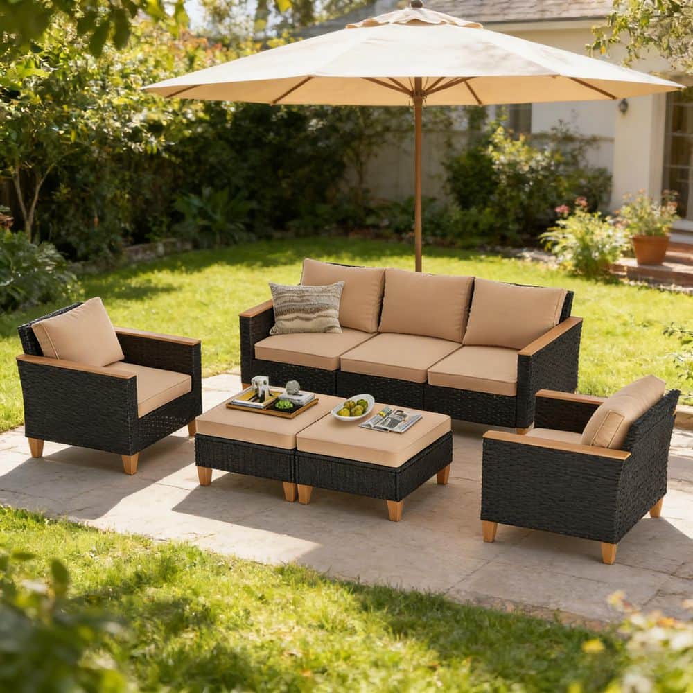 7-Piece Brown Wicker Outdoor Sectional Set with Khaki Cushions Includes Corner, Single Sofas and Ottomans price history on PriceWatchPro