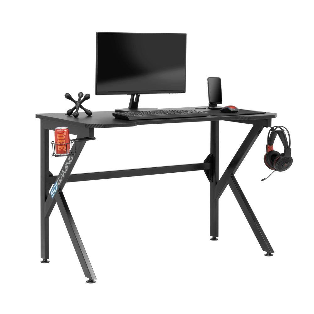 48" Black Carbon-Fiber Inspired Gaming Desk with Charging Hub
