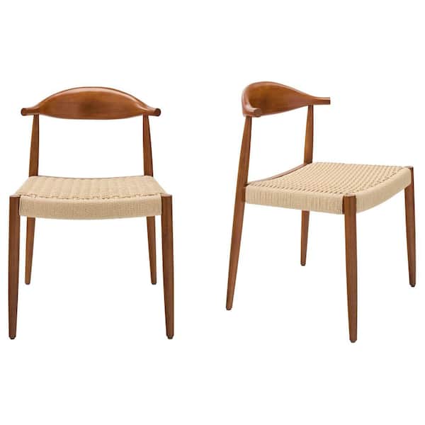 Rexton Light Walnut Wood Armless Dining Chairs with Woven Rattan Seat (Set of 2)