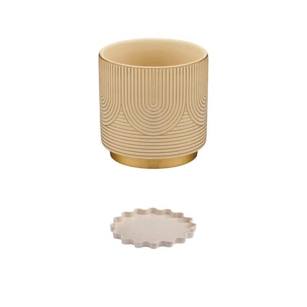 Demetria Gold Bohemian 6 in. Ceramic Planter with Plug and 6.24 in. Wavy Beige Resin Saucer Combo