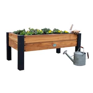 44 in. x 25 in. Teak Wood Raised Garden Bed Planter w/Powder Coated Steel Accents and Mesh Liner for Balcony Porch Patio
