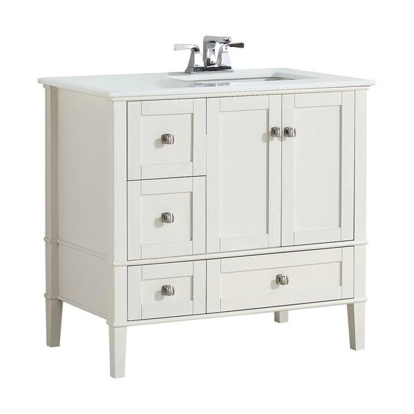 Simpli Home Chelsea 36 in. Bath Vanity in Soft White with Quartz Marble Vanity Top in White with Right Off Set White Basin