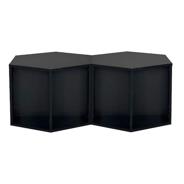 CSC DECOR INC 47.24 in. Black Brown Hexagonal MDF Coffee Table with Open Storage, Multifunctional End Side Table Nightstand, Set of 2