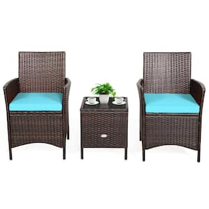 3-Pieces Patio Rattan Furniture Set with Turguoise Cushions and Glass Tabletop Deck