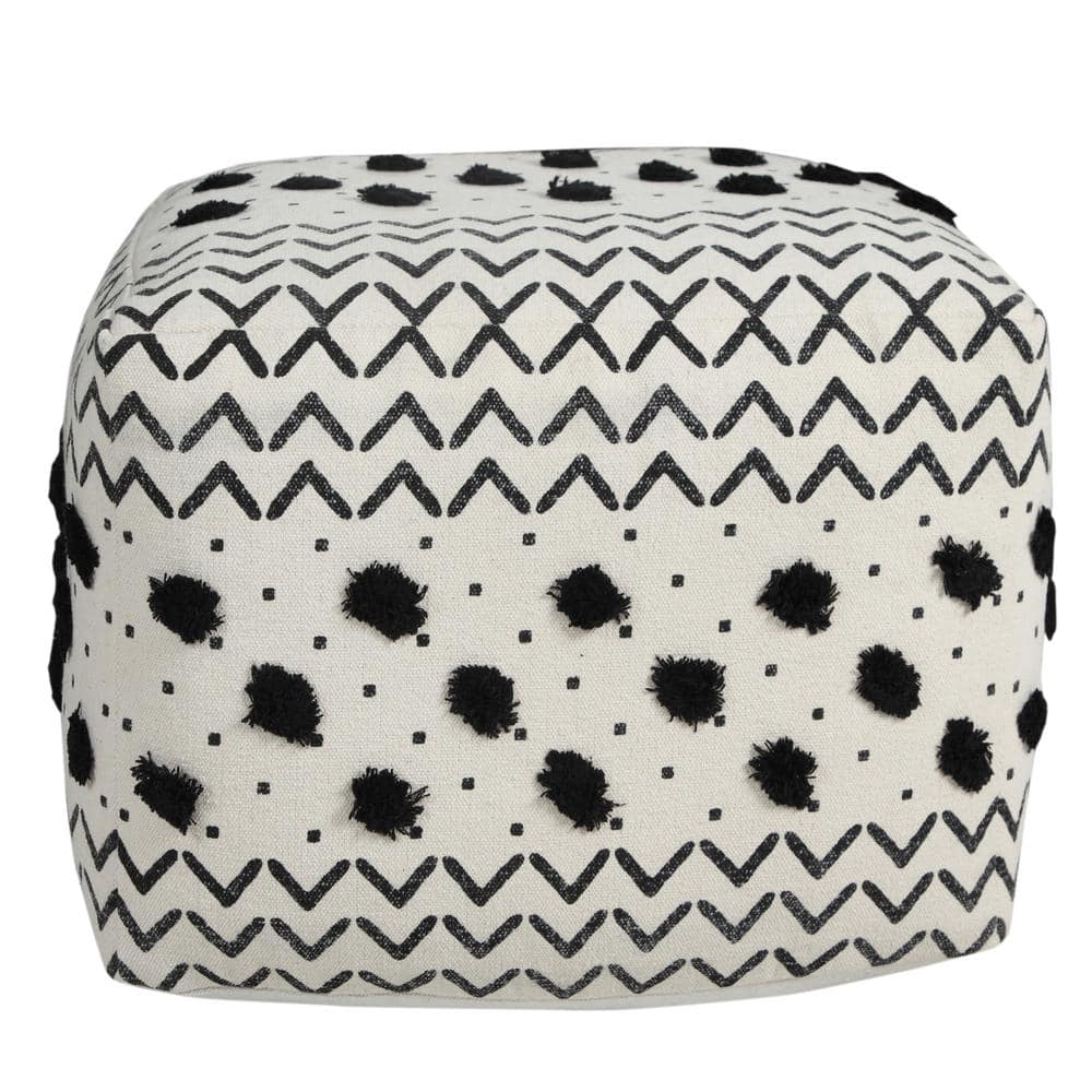 White and Black Geometric Tufted Cotton Square Pouf Ottoman
