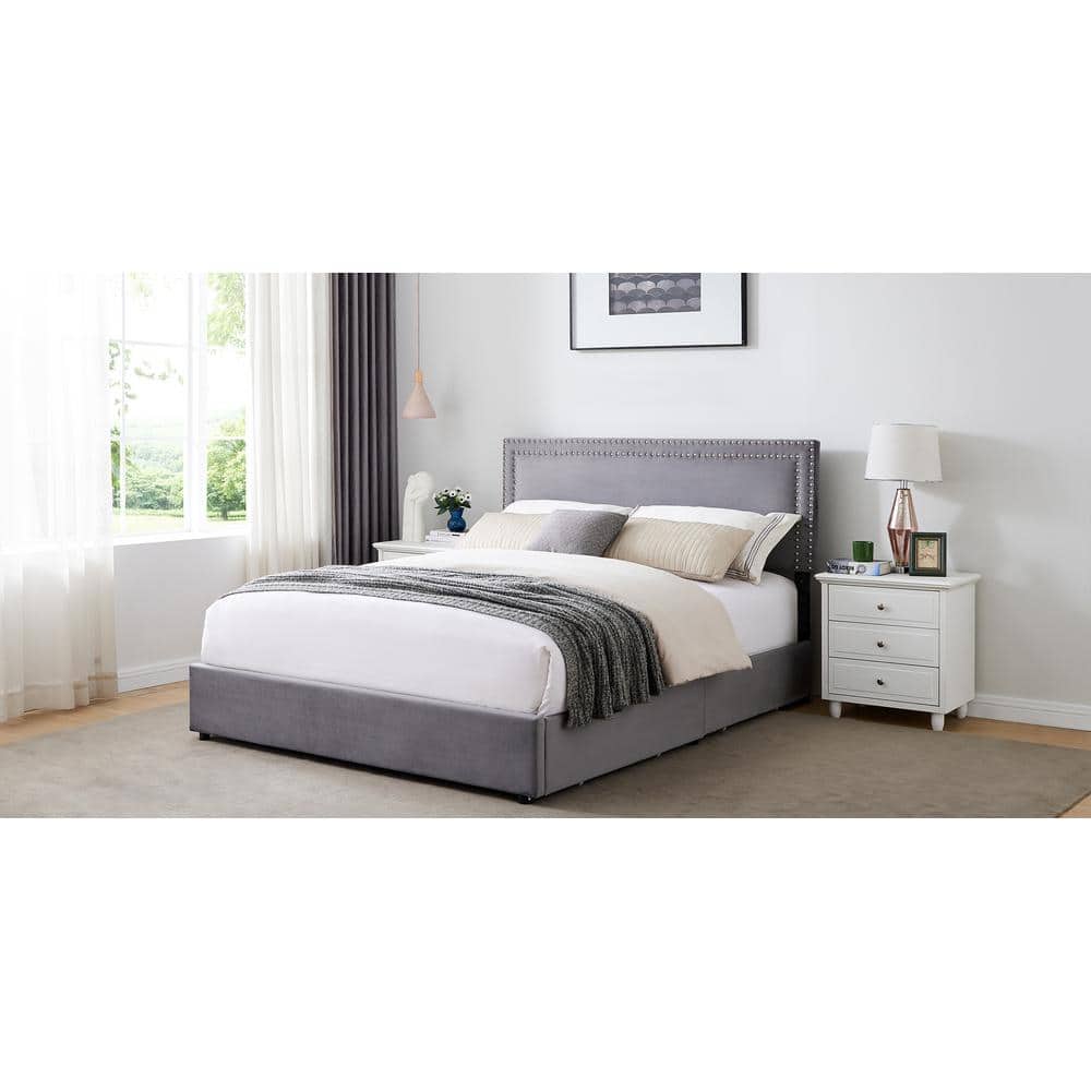 Platform Bed Frame Black Metal Frame King Size Platform Bed with 4 Storage Drawers, Upholstered bed with Headboard - thumbnail 2