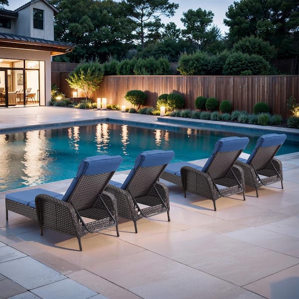 ArcoBay 4-Piece Brown Wicker Outdoor Chaise Lounge Rattan Chaise Lounge with Olefin Navy Blue Cushions
