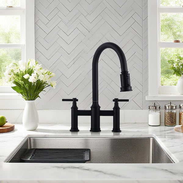 Double Handle Bridge Kitchen Faucet with 3-Spray Patterns and 360° Rotation Spout in Black