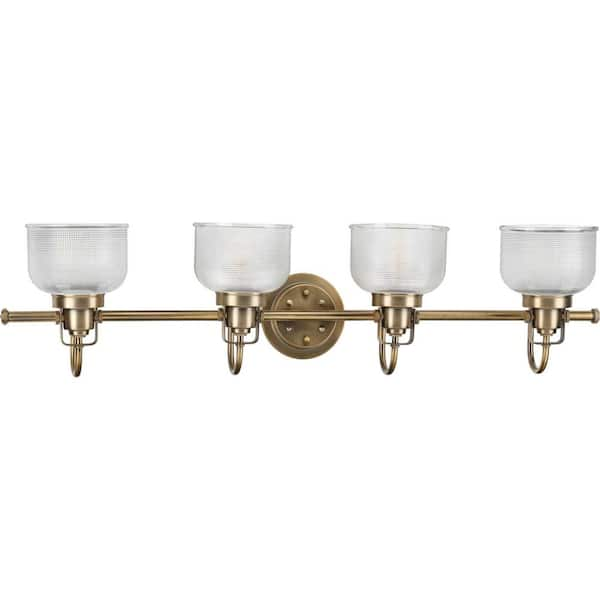 Archie Collection 35-1/2 in. 4-Light Gold Vintage Brass Clear Double Prismatic Glass Coastal Bathroom Vanity Light