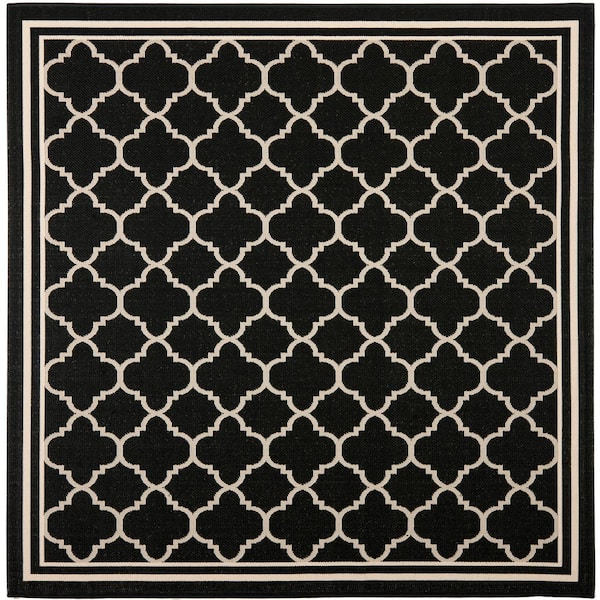 SAFAVIEH Courtyard Black/Beige 4 ft. x 4 ft. Square Geometric Indoor/Outdoor Patio  Area Rug