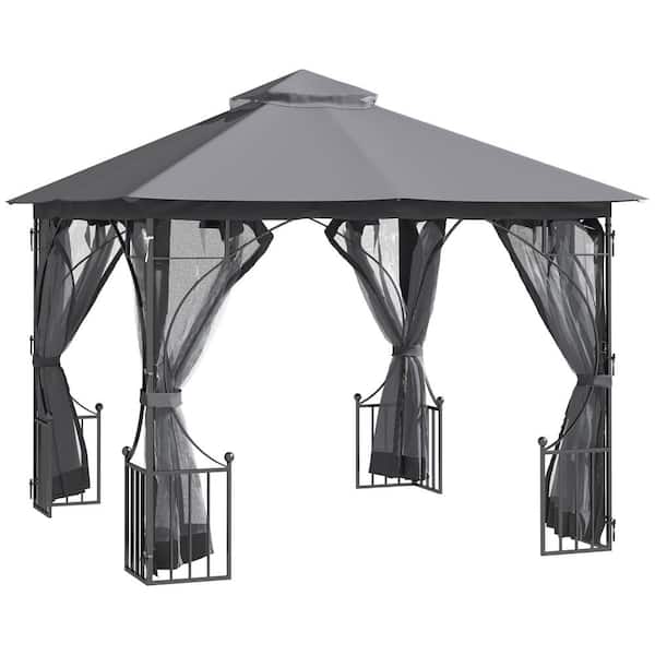 OutSunny 10 ft. x 10 ft. Grey Patio Gazebo Canopy Outdoor Pavilion with Mesh Netting SideWalls