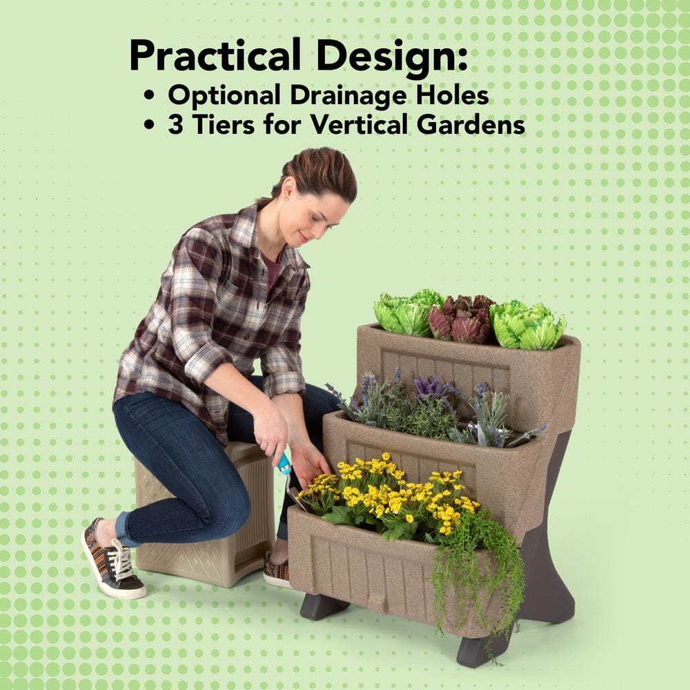 Tan Plastic 3-Level Vertical Herb and Flower Planter