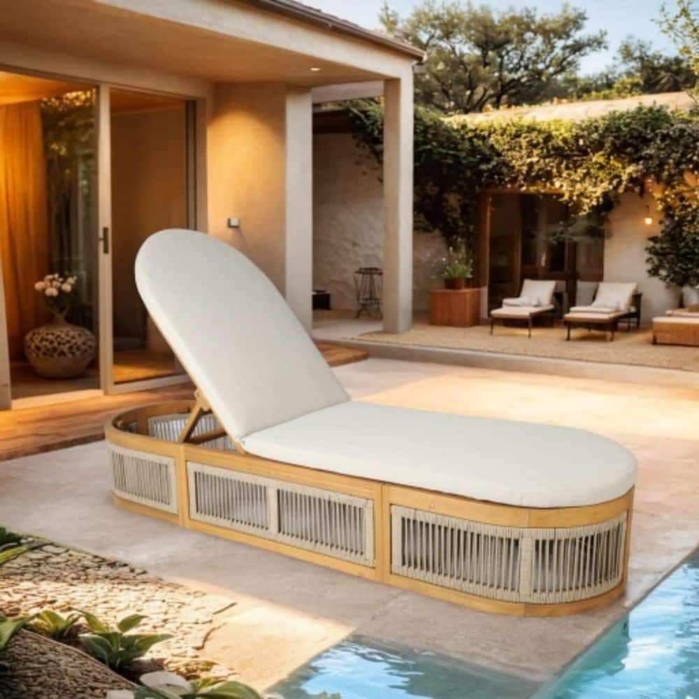 Town Natural 1-Piece Acacia Wood Outdoor Chaise Lounge with Beige Cushions price history on PriceWatchPro