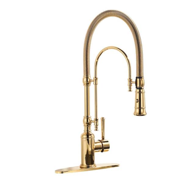 Single Handle Pull Down Sprayer Kitchen Faucet Solid Brass in Brushed Gold