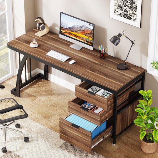 Moronia 59 in. Rectangle Walnut and Black Wood Computer Desk Industrial Study Writing Table with Reversible Drawers