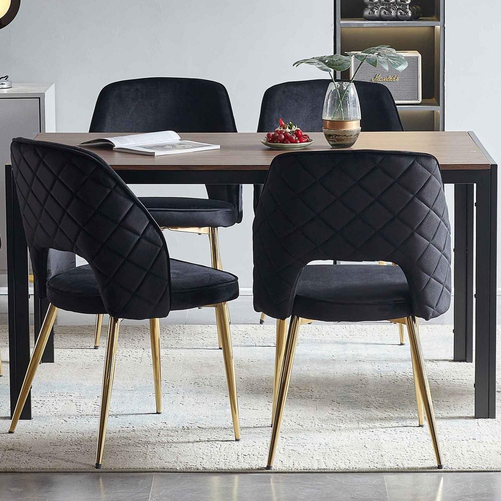 Black Velvet Upholstered Dining Chairs with Metal Legs and Hollow Back (Set