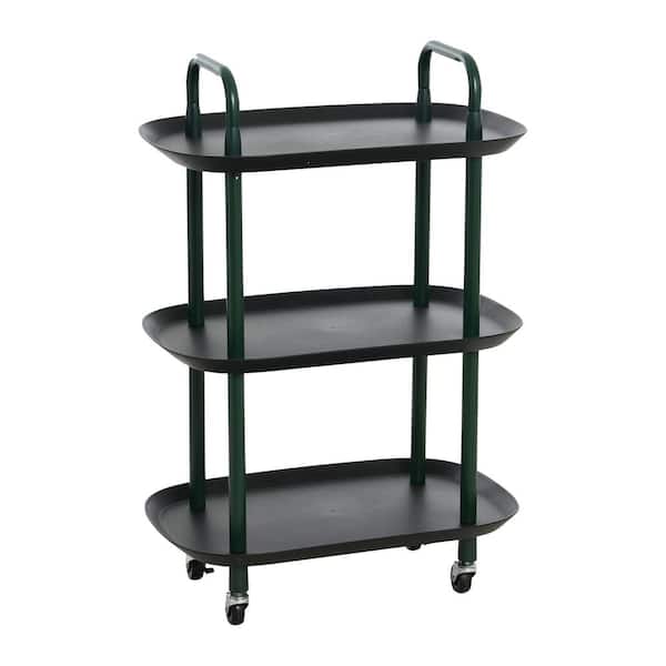 Storied Home Modern Plastic and Metal 3-Tier Trolley with 4 Locking Casters Black and Dark Green