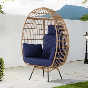 Patio Wicker Swivel Egg Chair, Oversized Indoor Outdoor Egg Chair, Brown Ratten Navy Blue Cushions