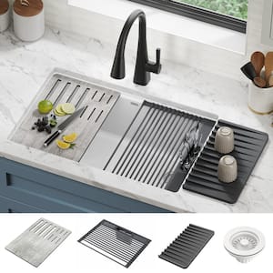 Everest White Granite Composite 30 in. Single Bowl Undermount Workstation Kitchen Sink with Accessories