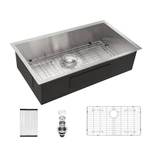 33 in. Undermount Single Bowl 18-Gauge Brushed Nickel Stainless Steel Kitchen Sink with Bottom Grid and Drying Rack